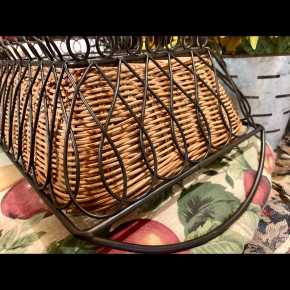 Vintage Hand Woven Reed Basket W/ Black Wrought Iron Stand. Rectangular - Picture 9 of 14